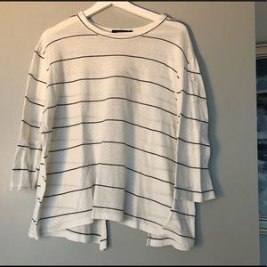 white & black striped 3/4 sleeve top w/ open back